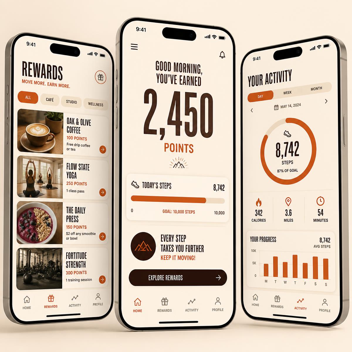 FitPerk app screens showing FitPoints balance, local reward cards and daily step progress